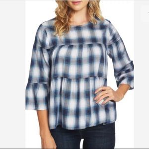 VINCE CAMUTO Blue Plaid Tiered Ruffle Top - Size M